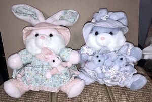 🐰SALE 2 Mom Bunny Rabbits, pocket babies Stuffed Plush Animals Baby Pink & Blue